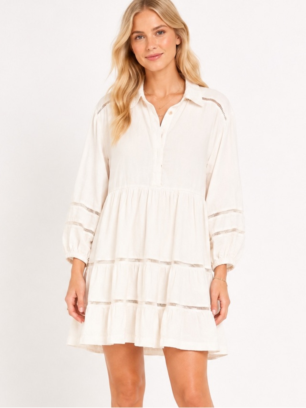 Maeve Bettina Tiered Mini Shirtdress Ivory Linen Blend Size XS